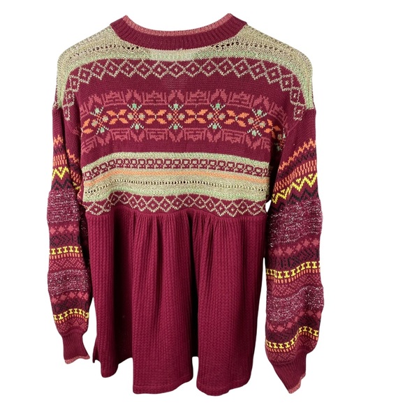 Free People Cozy Cabin Winter Fair Isle Peplum Sweater in Pomegranate Wine XS - Picture 8 of 11